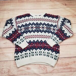 Vintage GreatLand Sweater Mens L Red White Fair Isle Snowflake Cotton Crewneck